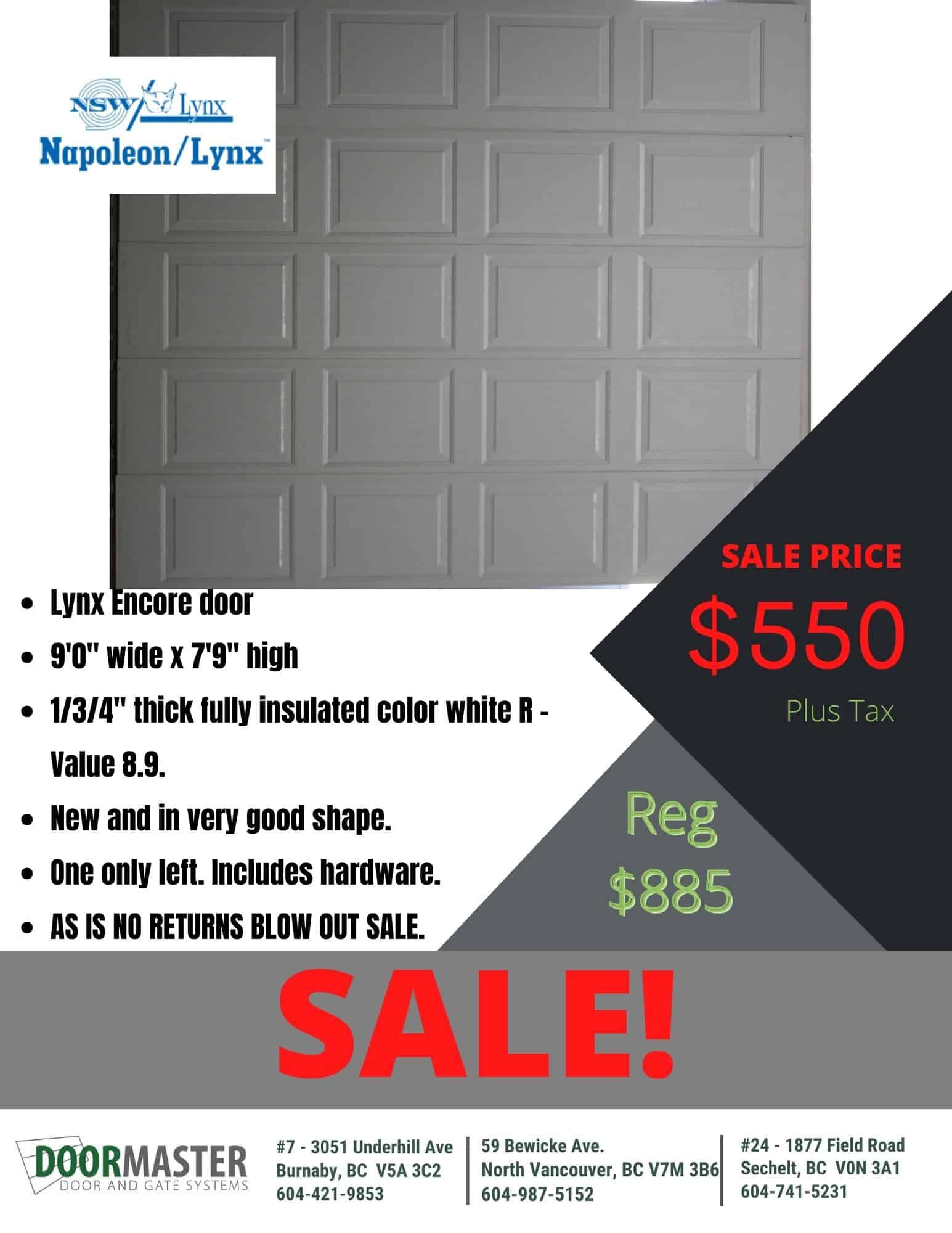 Read more about the article [SOLD] Lynx Encore garage door 9’x7’9″ [SALE]